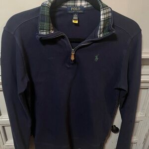 Polo by Ralph Lauren Boys 14/16 Navy Zip-Up Sweater, with plaid details.